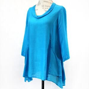 CMC Color Me Cotton Aqua Blue Art to Wear Blouse Top Tunic Medium Made USA